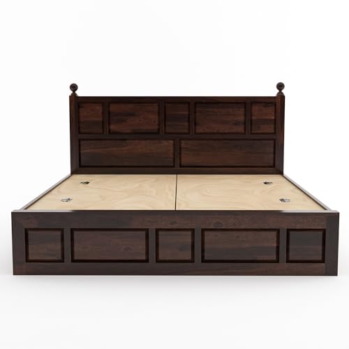 Image of Sheesham Wood Queen Size Bed with Storage Box | Wooden Box Bed Queen Size Double Cot Bed with Storage for Bedroom | Premium Lattu Design Headboard Bed for Living Room | Walnut Finish