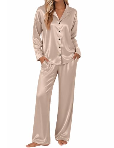 Ekouaer Silk Satin Pajamas for Women Long Sleeve Button Up Pjs Lounge Set