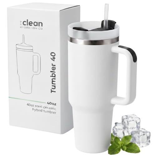 The Clean Hydration Co. 40oz white insulated ceramic-coated tumbler with handle — the largest capacity in the roundup