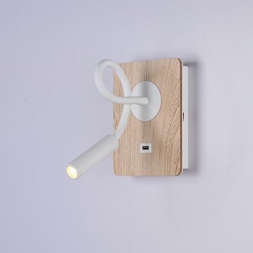 BARCELONA LED- Aplique de Pared LED LONDON USB con Brazo Flexible y Puerto USB – Luz Cálida 3W (2800K) – Diseño en Aluminio con Acabado Madera – Ideal para Cabeceros de Cama