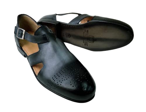 Tucci Di Lusso Mens Gray-Black Handcrafted Italian all Leather Luxury Dress Single Buckle Brogue Sandals (10, Sandals, Grey/Black)