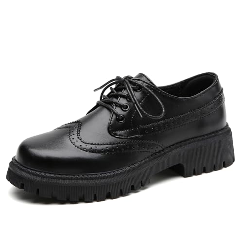 Image of Womens Vintage Oxford Shoes Platform Lace-up Round Toe Patent Leather Brogues Casual Oxfords for Girls Ladies Women