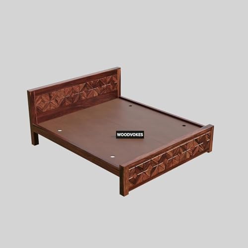 Image of Sheesham Wood Queen Size Bed Without Storage Solid Wooden Bed Furniture Elegant and Functional Bedroom Living Room Home Palang
