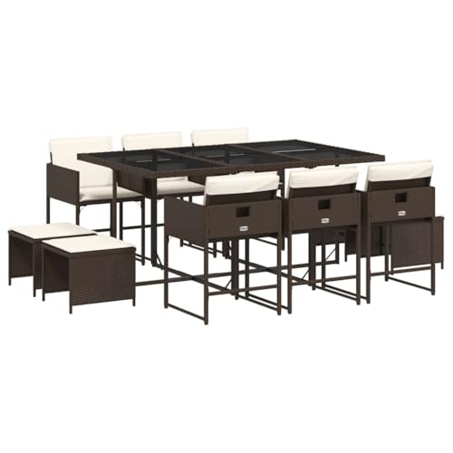 HETFTJN Salon de Jardin Encastrable 10 Places, Ensemble Repas en Résine Tressée Marron, Table en Verre Trempé avec 6 Chaises et 4 Tabourets pour Terrasse et Extérieur