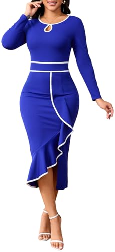 Image of Women's Elegant Church Vintage Bodycon Dress Casual Long Sleeve Work Business Pencil Split Sheath Midi Dresses