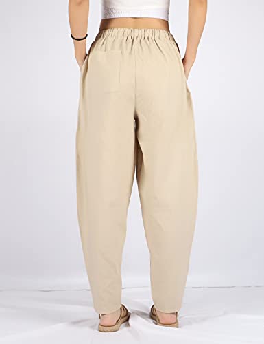 Qiaomai Womens Cotton Blend Harem Beach Lightweight Tapered Baggy Pants Summer (Khaki-M) #TOP4