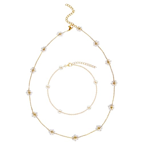 JRYGAC Margarita Collar Perlas Mujer Set, Chapado Oro14 Quilates Gargantilla Dorada Mujer, Choker Dorado Collares de Perlas, Collar Mujer, Collares Largos Bisuteria para Mujeres Niñas (Oro)