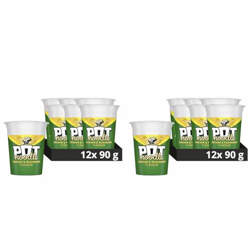 Pot Noodle Chicken & Mushroom Standard Pot Noodle instant vegetarian snack quick to make noodles 12x 90 g (Pack of 2)