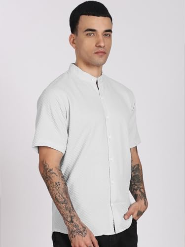 Image of Men's Regular Fit Solid Casual Shirt - Short Sleeve, Mandarin Collar, Lightweight Polyester, Stylish Everyday Wear