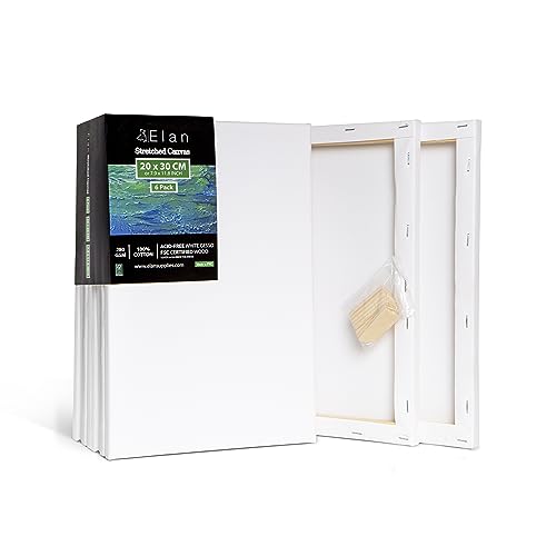 Elan Stretched Canvases 20x30 CM, 6-Pack Art Canvases for Painting 280 GSM, Triple Primed Stretched Canvas for Painting, Small Canvas 20x30 CM