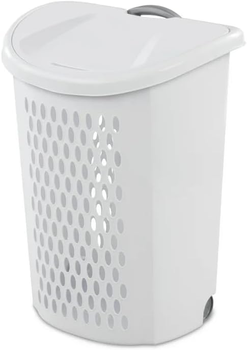 Wheeled Laundry Hamper with Handle for Easy Transport, White Plastic Clothes Hamper Basket with Lid