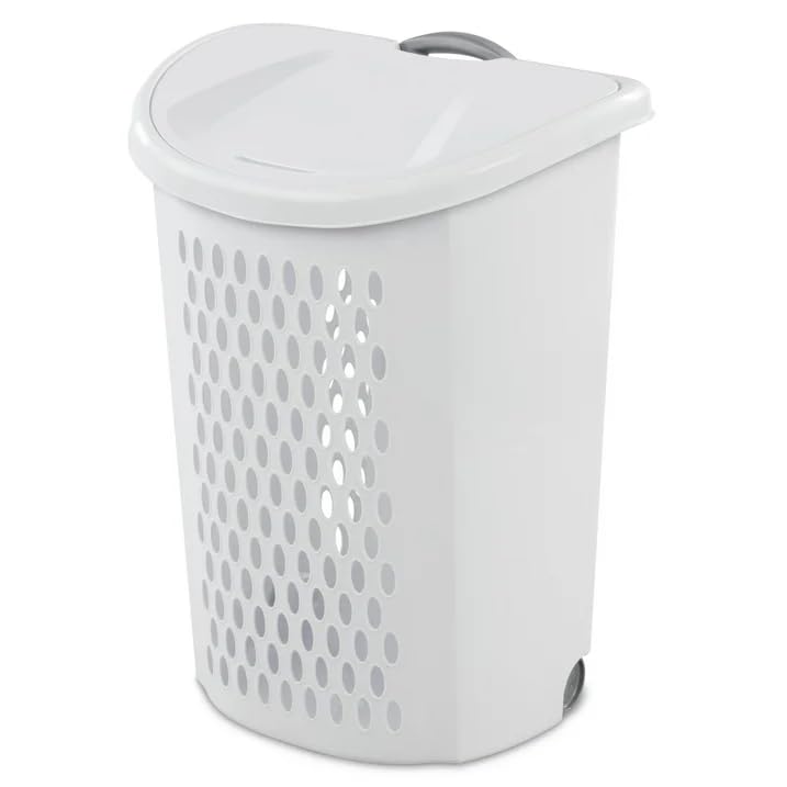 Wheeled-Laundry-Hamper-with-Handle-for-Easy-Transport-White-Plastic-Clothes-Hamper-Basket-with-Lid Wheeled Laundry Hamper with Handle for Easy Transport, White Plastic Clothes Hamper Basket with Lid - Image 1