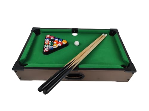 B4E 20 Brown Pool Table Game Kids and Adults | Indoor & Outdoor Portable Wooden Classic Pool Table Games with Balls with storage box 2 Cues 1 Triangle Chalk (Small)