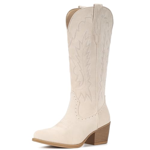 Image of IUV Suede Cowboy Boots For Women Chunky Heel Pointed Toe Cowgirl Boots