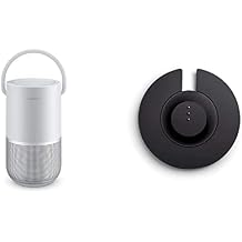 مكبر صوت ذكي محمول من Bose ومكبر صوت لاسلكي يعمل بتقنية البلوتوث مع تحكم صوتي من Alexa، حامل شحن مكبر صوت منزلي محمول باللون الفضي، أسود