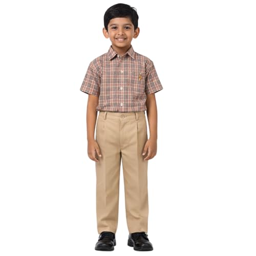 Image of Boys School Uniform Half Sleeve Checked Shirt with Pants Set - Comfortable Cotton Blend School Wear for Kids