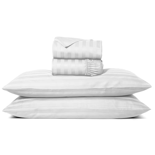 Image of TEXAS LINEN CO. 100% Egyptian Cotton Sheets Queen Size - Luxury 1000 Series Lonestar Lovin' Damask Bed Sheets Queen Size Set (4 PC, White Stripe), Cooling, 16 inch Deep Pocket, Sateen Weave Hotel Sheets