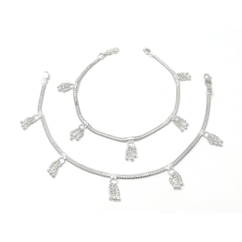Duel On Jewel Traditional Indian Women’s Chain Anklet Payal Set with Dainty Charms, Everyday Comfort, 925 Stamped Pure Sterling Silver, 10-Inch, Perfect for Party, Dance, Wedding, Gift - Beach