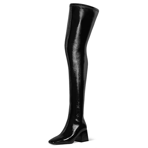 MUCCCUTE Thigh High Boots for Women Over the Knee Square Toe GoGo Boot Fashion Chunky Block Heel Sexy Stretch Long Boots with Zipper