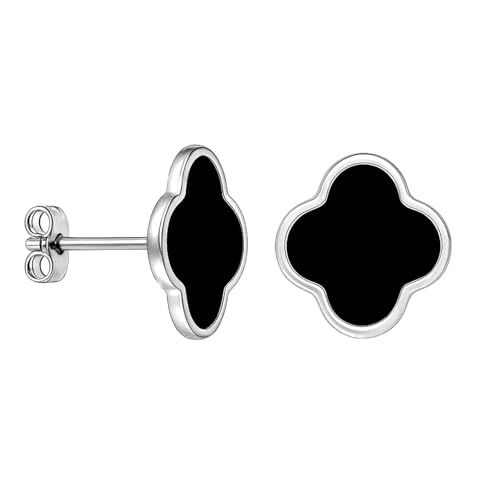 Image of LeCalla 925 Sterling Silver Clover Earrings for Women | Black Mother of Pearl Four Leaf Clover Earring | Four Leaf Flower MOP Stud Earring Jewelry Gift 12mm