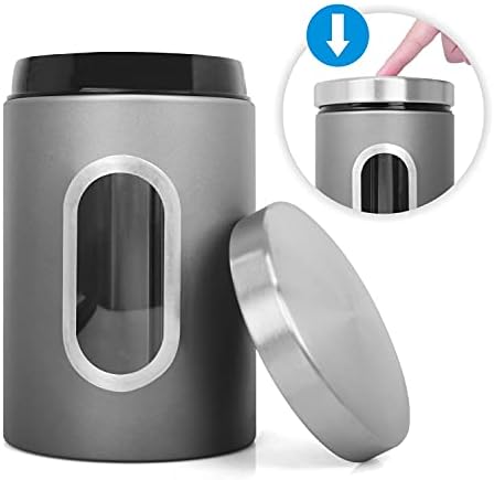 JENNIMER Canister Set of 3,Stainless Steel with Transparent Windows for Sugar Food Tea Coffee Candy Storage (Grey)