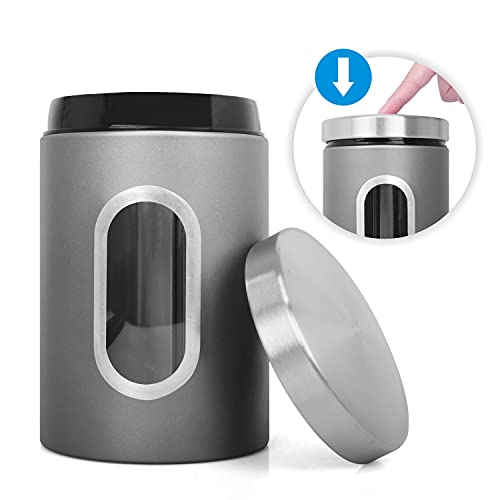 JENNIMER Canister Set of 3,Stainless Steel with Transparent Windows for Sugar Food Tea Coffee Candy Storage (Grey)