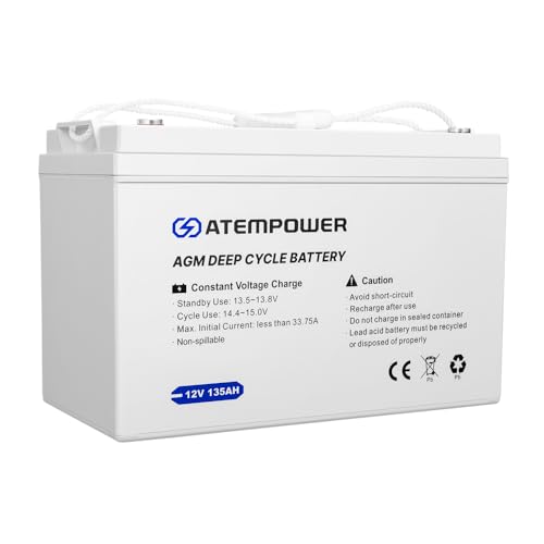 ATEM POWER 135Ah 12V Deep Cycle AGM Battery, SLA Rechargeable & Portable, Maintenance Free, Sealed Power for Marine Camping Solar Caravan 4WD