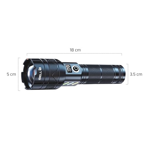 Image of IBELL FL8498S Torch, High Power Rechargeable LED Torch Light, Long Range Flashlight with LCD Power Display & Zoom Focus, Heavy-Duty Build for Outdoor & Emergency Use (Black)