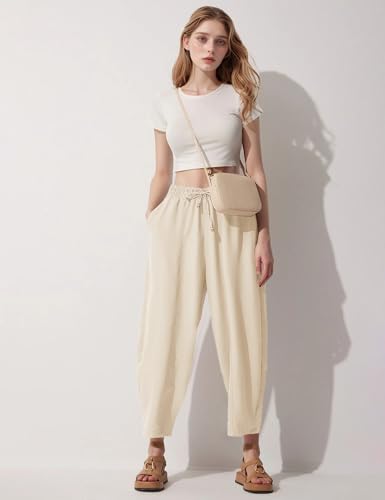 Flygo Women's Wide Leg Baggy Pants Casual Elastic High Waisted Palazzo Harem Slacks Ankle Length Loose Trousers with Pockets(Apricot-L)4