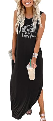 Women the Beach is My Happy Place Casual Round Neck Loose Split Long Maxi Vacation Dress with Pockets Black 2XL