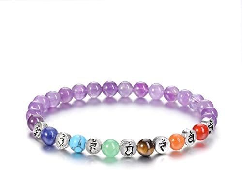 Jovivi 7 Chakra Healing Crystal Stone Beaded Bracelet 6mm Natural Amethyst Gemstone Beads OM Charms Reiki Yoga Meditation Anxiety Stretch Bracelets
