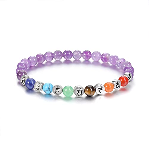 Jovivi 7 Chakra Healing Crystal Stone Beaded Bracelet 6Mm Natural Amethyst Gemstone Beads Om Charms Reiki Yoga Meditation Anxiety Stretch Bracelets #TOP5