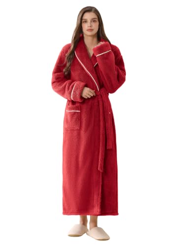Image of Women Long Plush Fleece Bath Robe | Soft loungewear housecoat, comfy sleepwear for home, suitable as ladies pajamas and nightgown
