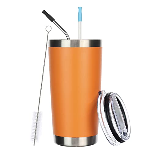 600 ml Becher mit Deckel, Edelstahl vakuumisoliert doppelwandig Reisebecher, Thermobecher mit spritzwassergeschütztem Schiebedeckel (1 Packung, pulverbeschichtet orange) Cover