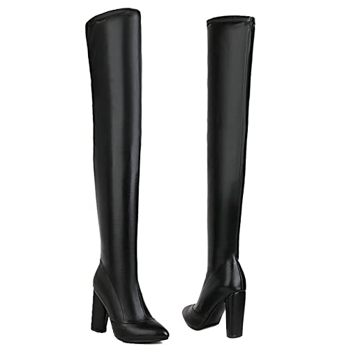UniqueStride Womens Pointed Toe Thigh High Block Heel Side Zip Up Over The Knee Boots