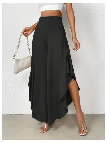 Floerns Women's High Waist Ruffle Asymmetrical Hem Wide Leg Flowy Long Trousers4