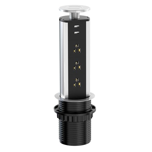 Pop up Outlet for Countertop 3 AC Outlets & 2 USB-A 3-1/4 Inch Silver