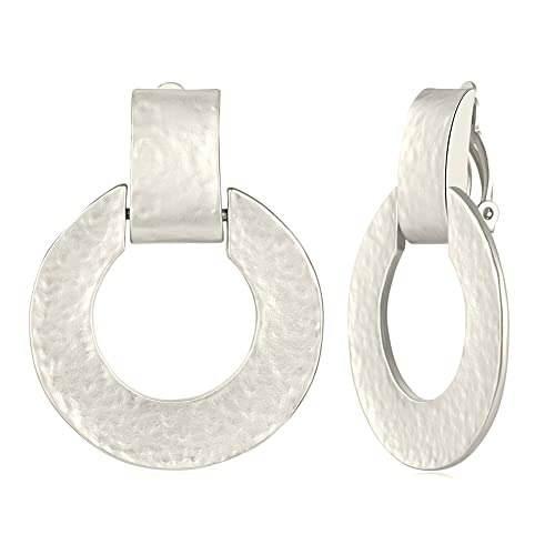 Classyzint Matte Silver Clip On Earrings For Women Handmade Hammered Metal Statement Geometric Drop Dangle Earrings Silver Statement Earrings #TOP18