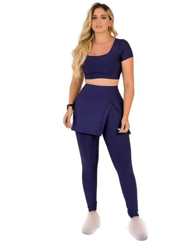 Conjunto Feminino Fitness Calça Legging Saia Abertura Fenda Lateral Com Bolso e Top Cropped Academia