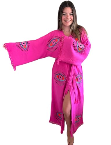 Handmade Evil Eye Kimono - Fuchsia Festival Women Clothing - Bohemian Robe - Boho Cotton Cardigan - Dressing Gown2