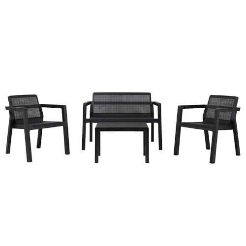 Toomax Set Salotto da giardino Riviera 4 posti antracite, in plastica resistente effetto juta, 2 poltrone con schienale ergonomico, divanetto da 2 posti e tavolo, ideale per terrazzi e spazi esterni
