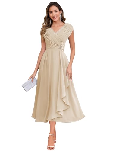 SOLODISH Mother of The Bride Dresses for Wedding Tea Length Chiffon A Line Formal Wedding Guest Party Gown4