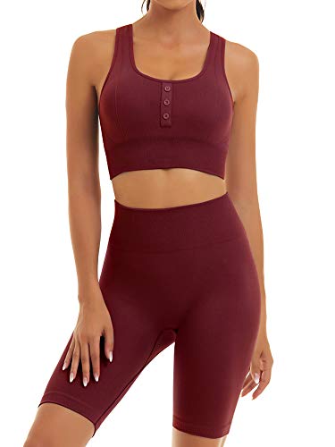 Toplook Seamless Yoga Outfits for Women Squat Proof 2 Piece Set Biker Short + Sport Bra (Wine, Medium)