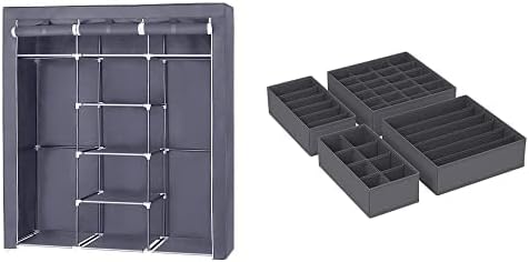 SONGMICS Canvas Wardrobe Bedroom Furniture Cupboard Clothes Storage Organiser Gray RYG12G + SONGMICS Underwear Drawer Organisers, Wardrobe Organisers, Foldable Fabric Storage Boxes, Grey RUS04GY