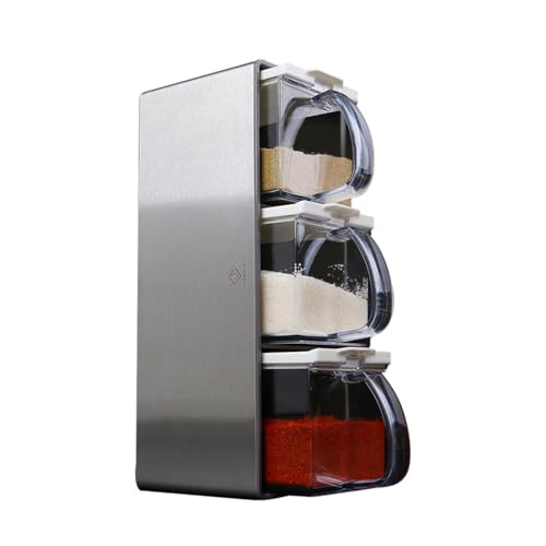 Portaspezie Ermetico con Cucchiaio - Set Barattoli Spezie Trasparenti, Organizzatore Spezie Impilabile Grande per Cassetto, Contenitore Moderno per Cucina (L)