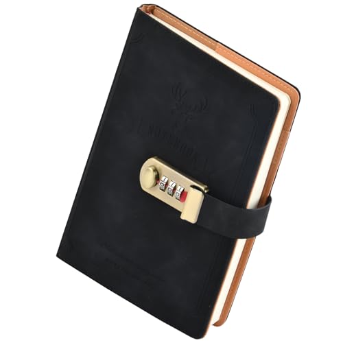 Husalsea Lock Journal, PU Leather A5 Diary 256 Pages, Retro Password Notebook Gift for Adults & Teens, Black, 145 x 210 mm