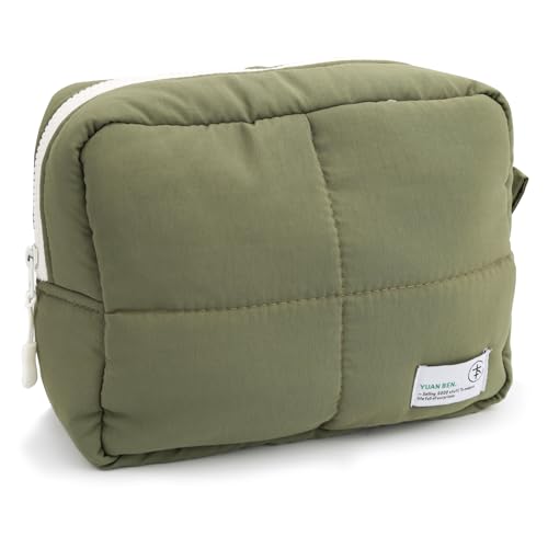 Veki Puffy Makeup Bag, Travel Cosmetic Bags for Women, Cute Quilted Make up Pouch, Toiletry Organizer Travel Essentials and Rectangular Quilted (Green, Large)
