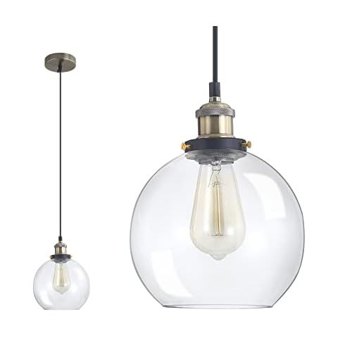 AOLALA Pendant Light Fitting Vintage Ceiling Lights Clear Glass Shade, Retro Industrial Hanging Lamp with 120cm Adjustable Cord Antique Brass for Kitchen Island Dining Room Hallway Bar, E27 Cover