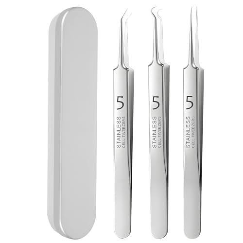3 Piezas Pinzas de Punta Fina, Eliminación de Pinzas Blackhead Precisión Acero Inoxidable Depilar Punta Fina Profesionales para Espinillas Acné Cejas Pelo Encarnado (con Caja)