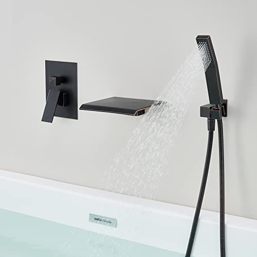 Wowkk Waterfall Tub Faucet Wall Mount Tub Filler Oil Rubbed Bronze Roman Bathtub Faucet Brass Single Handle Bathroom Faucet With Hand Shower #TOP5